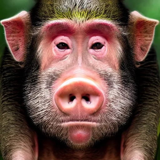 Image similar to pig monkey hybrid, bold natural colors, national geographic photography, masterpiece, full shot