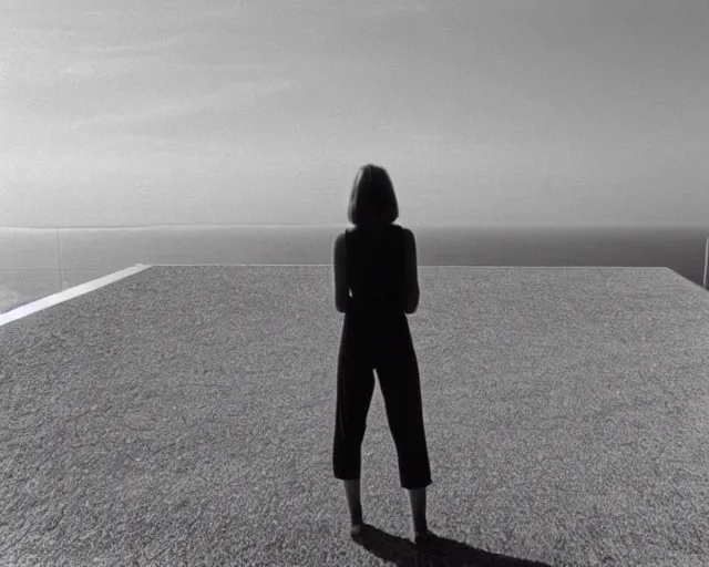 Prompt: a still of a young woman standing on a huge concrete white deck, high above the ground, of a minimalist brutalist beach house, wide angle, clear sky and background, in the music video Wrapped Around your Finger (1983)