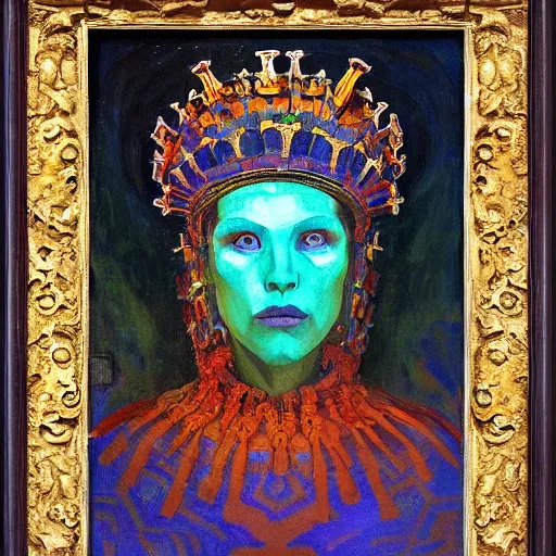 Prompt: the crown of madness, by Annie Swynnerton and Nicholas Roerich and Diego Rivera, bioluminescent skin, elaborate costume, geometric ornament, symbolist, rich color, dramatic cinematic lighting, smooth, sharp focus, extremely detailed