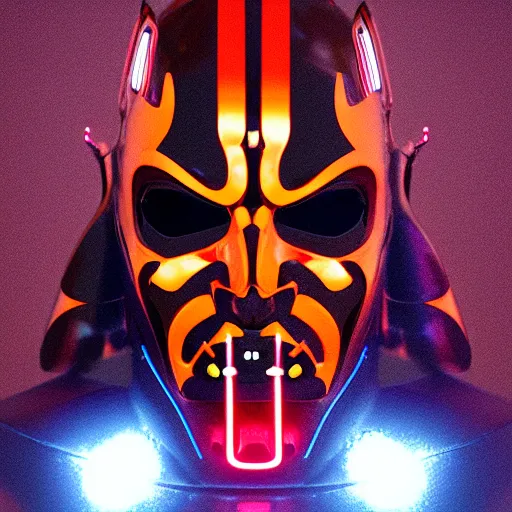 Prompt: chrome darth maul, glossy, metallic, neon, symmetrical, tribal patterns, realistic, unreal engine, octane, redshift, artstation, behance