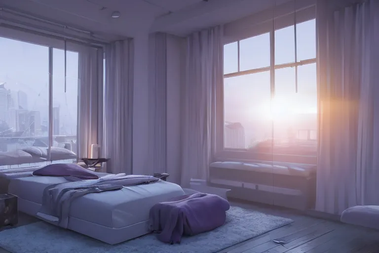 Image similar to a futuristic furnished bedroom with a large window at sunset, godrays, luxury furniture , white bed, complementary colors, warm lighting, path traced, highly detailed, high quality, concept art, 8k, calm, trending on Artstation, full of furniture