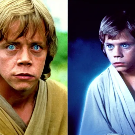 Prompt: A still of Mark Hamill as Jedi Master Luke Skywalker on the right and a young Jedi student on the left, in a Star Wars Sequel, 1990, Directed by Steven Spielberg, 35mm