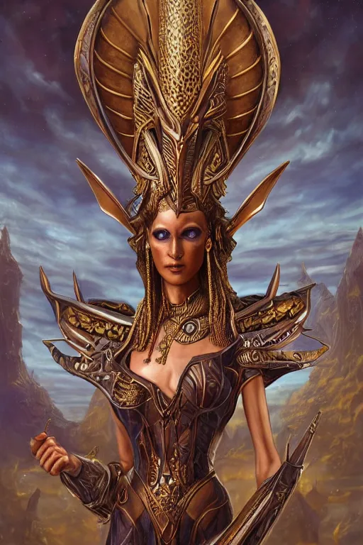 Image similar to Mystical Valkyrie, Portrait of a beautiful female Atlantean Anubis Alien Warrior, Regal, Realistic, Refined, Detailed Digital Art, Oil Painting, Michael Cheval, Esao Andrews, Art Frahm, Steampunk, Walt Disney (1937), Highly Detailed, Cinematic Lighting, Unreal Engine, 8k, HD