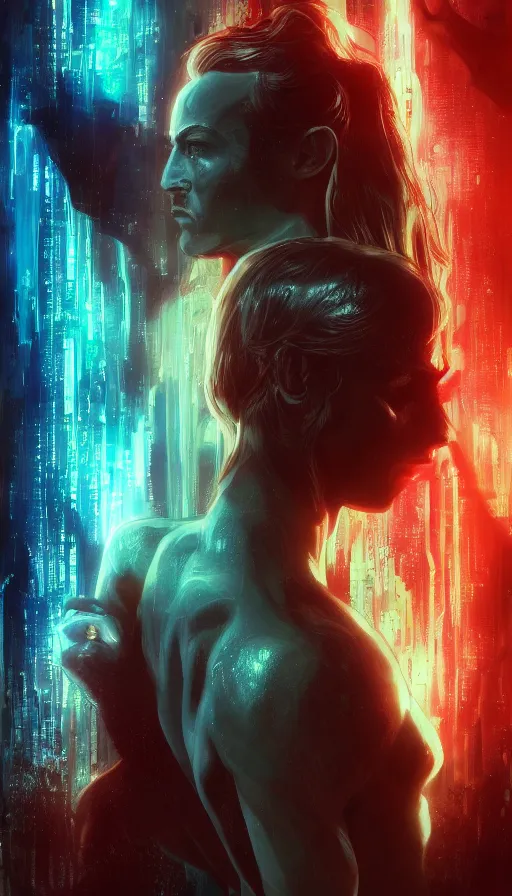 Image similar to altered carbon, adam and eve, neon, dreamy vibe, lord of the rings, matrix, fame of thrones, fibonacci, sweat drops, insane intricate, highly detailed, cinematic, atmospheric. digital painting, artstation, concept art, smooth, sharp focus, illustration, unreal engine 5, 8 k, art by laura sava