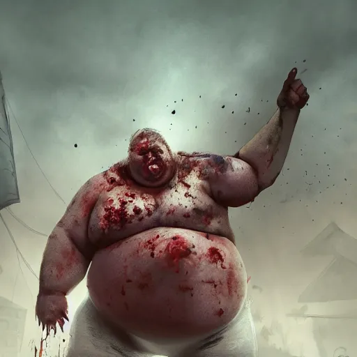 Image similar to angry extremely fat obese giant bloated zombie, full body portrait, with clothese, horror core, apocalyptic, feeling of grimdark, sharp focus, fiction, hyper detailed, digital art, trending in artstation, cinematic lighting, studio quality, smooth render, unreal engine 5 rendered, octane rendered, art style and nixeu and wlop and krenz cushart