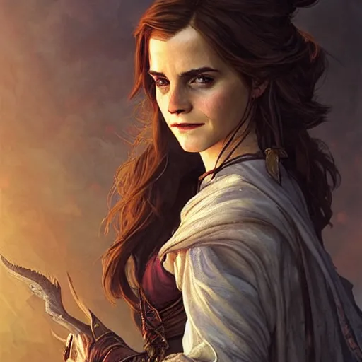 Image similar to Emma Watson as a Wizard character in Diablo 3, gorgeous, beautiful, intricate, highly detailed, digital painting, artstation, oppressive lighting, concept art, sharp focus, illustration, art by greg rutkowski and alphonse mucha