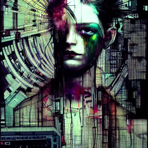 Image similar to a young punk woman lost in a cyberpunk noir glitchcore world of wires, and machines, by jeremy mann, francis bacon and agnes cecile, and dave mckean ink drips, paint smears, digital glitches glitchart