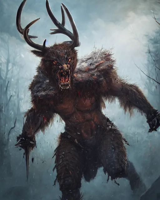 Prompt: oil painting of Angry Anthropomorphized Deer Berserker, wearing fur armor, claws, sharp focus, attack pose, fantasy style, octane render, volumetric lighting, 8k high definition, by greg rutkowski, highly detailed, trending on art Station, magic the gathering artwork, burning Battlefield background, centered