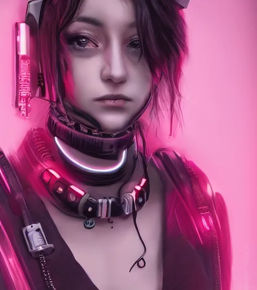 Image similar to detailed realistic female character cyberpunk wearing thick technological collar around neck, realistic, art, beautiful, 4K, collar, choker, collar around neck, punk, artstation, detailed, female, woman, choker, cyberpunk, neon, punk, collar, choker, collar around neck, cyberpunk, punk, neon