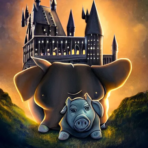 Image similar to harry potter as a pig, hogwarts castle, floating candles, trending on artstation, 8 k