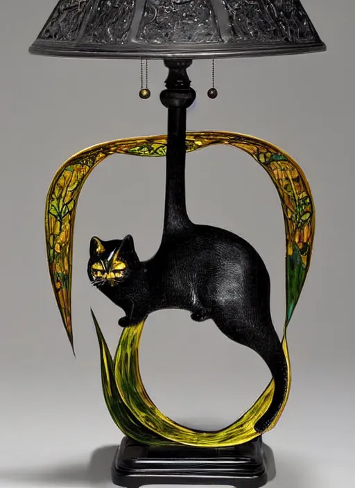 Image similar to a lamp in the shape of a cat with black accents designed by louis comfort tiffany