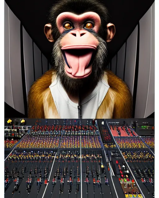 Prompt: looking over the sound board into the soundbooth a portrait of an anthropomorphic rockstar chimp singing into a microphone by sandra chevrier, by jon foster, detailed render, tape deck, epic composition, cybernetics, 4 k realistic, cryengine, realistic shaded lighting, sharp focus, masterpiece, by enki bilal