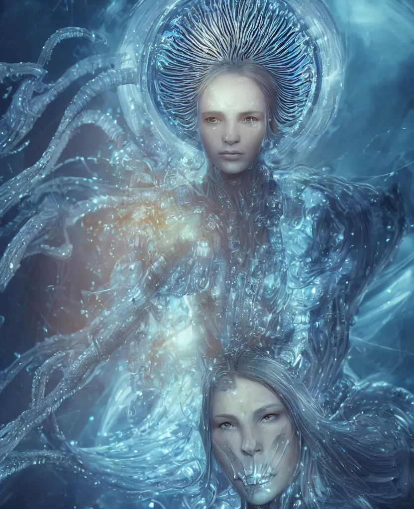 Image similar to epic medieval futuristic close-up macro portrait of the face of a beautiful princess, epic angle and pose, symmetrical artwork, 3d with depth of field, blurred background, cybernetic jellyfish female face skull phoenix bird, translucent, nautilus, energy flows of water and fire. a highly detailed epic cinematic concept art CG render. made in Maya, Blender and Photoshop, octane render, excellent composition, cinematic dystopian brutalist atmosphere, dynamic dramatic cinematic lighting, aesthetic, very inspirational, arthouse. y Greg Rutkowski, Ilya Kuvshinov, WLOP, Stanley Artgerm Lau, Ruan Jia and Fenghua Zhong