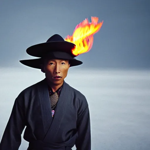 Image similar to cinematic film still Pharrell Williams starring as a Samurai holding fire, Japanese CGI, VFX, 2003, 40mm lens, shallow depth of field,film photography