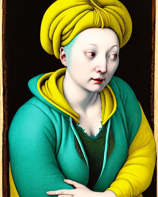 Prompt: portrait of a pale curvy woman with green blue hair buns, wearing a yellow hoodie, standing in the bedroom, intricate details, high detail, black background, in a high renaissance style, in the style of jacopo da pontormo, by mark ryden, punk, asian art,