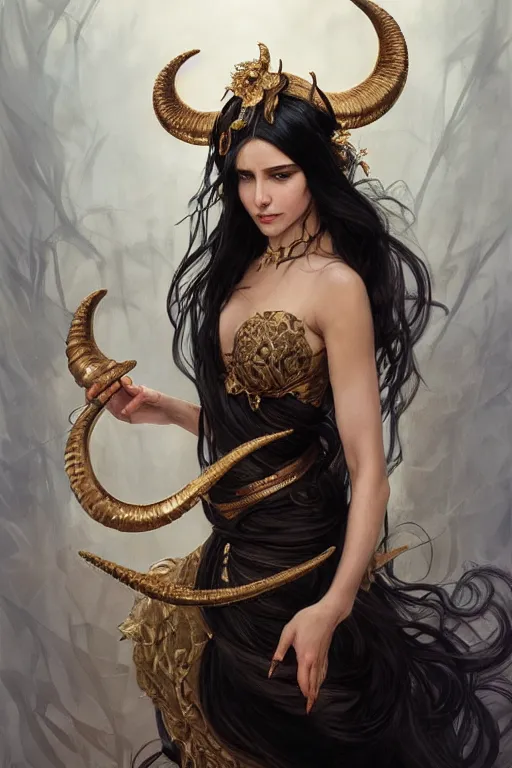 Image similar to a beautiful woman with long black hair, big natural ram horns on her head, flowing dress, gold jewellery, dnd, face, fantasy, intricate, elegant, highly detailed, digital painting, artstation, concept art, smooth, sharp focus, illustration, art by artgerm and greg rutkowski and alphonse mucha