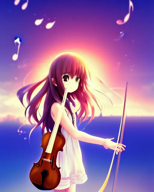 Image similar to anime style, chibi, full body, a cute girl with white skin and golden long wavy hair holding a violin and playing a song, heavenly, stunning, realistic light and shadow effects, modern art, realism, centered, landscape shot, happy, simple background, studio ghibly makoto shinkai yuji yamaguchi