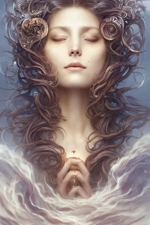 Image similar to wind blowing hair meditation celestial being, dreaming and floating, bust portrait, dnd, fantasy, intricate, elegant, highly detailed, digital painting, artstation, concept art, smooth, sharp focus, illustration, art by artgerm and tom bagshaw and greg rutkowski and alphonse mucha