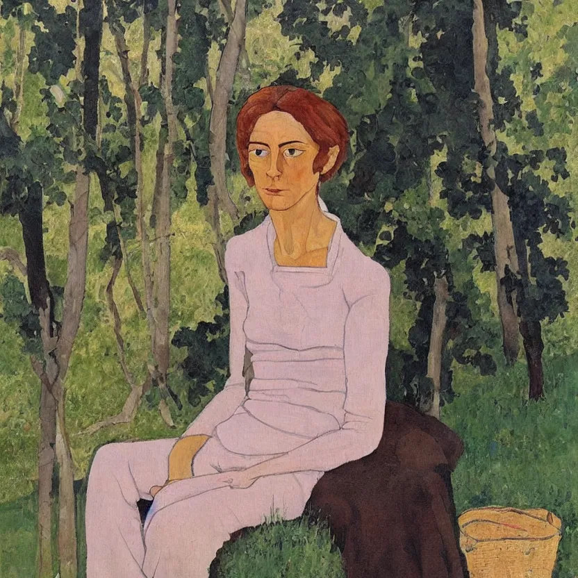 Image similar to a painted portrait of a women outdoors paused in thought, art by felice casorati, aesthetically pleasing and harmonious natural colors, expressionism, fine day, portrait