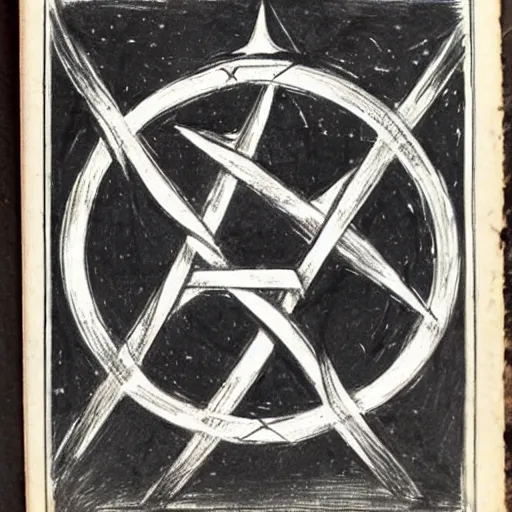 Prompt: magic pentagram iconography old book vintage bible occult rune sketch alchemy