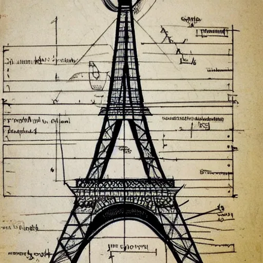 Image similar to eiffel tower schematics sketched by leonardo da vinci