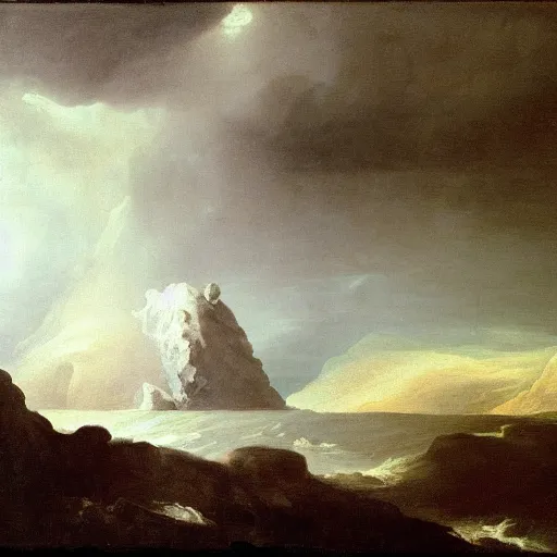 Image similar to goya the colossus painting, giant on the horizon, colossus in background, made of stone, atmospheric haze, stormy, tundra, hudson river school, princess in foreground, large scale