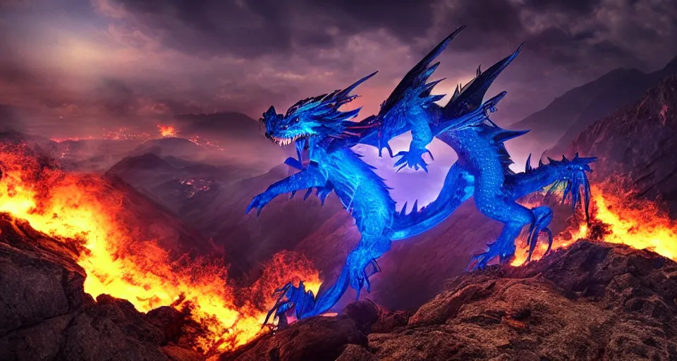 Image similar to a blue dragon standing on top of a mountain breathing fire, epic lighting, epic view, cinematic