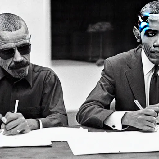 Image similar to Walter White and Barack Obama signing an agreement, 1967 photo