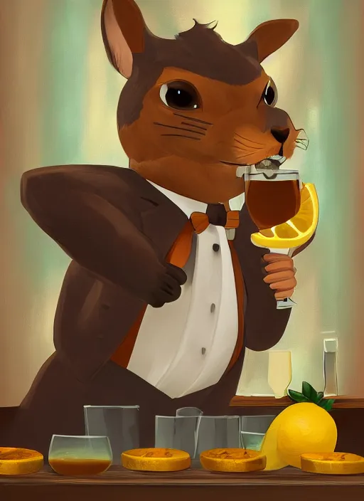 Prompt: squirrel anthro as a dapper bartender, detailed painterly art style 🐿🍸🍋, furaffinity, trending on artstation