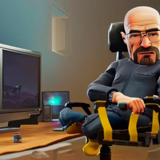 Prompt: gamer walter white on a gaming chair playing fortnite