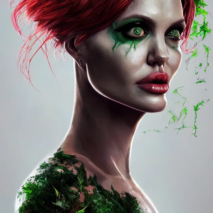 Image similar to portrait of Angelina Jolie as Poison Ivy. intricate abstract. intricate artwork. by Tooth Wu, wlop, beeple, dan mumford. octane render, trending on artstation, greg rutkowski very coherent symmetrical artwork. cinematic, hyper realism, high detail, octane render, 8k, iridescent accents