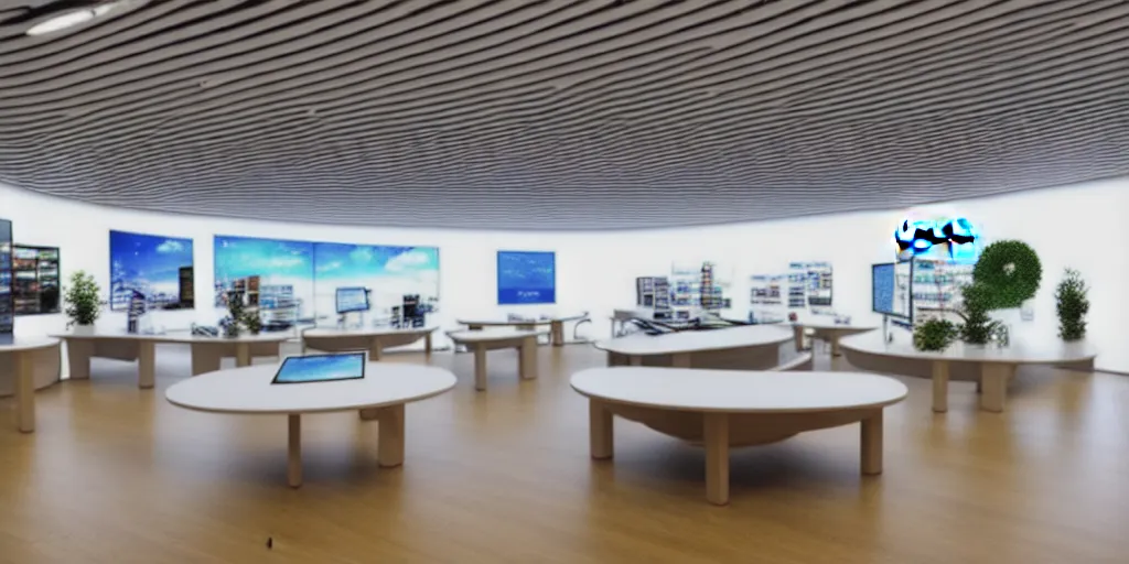 Image similar to wide angle photograph, atmospheric, realistic lighting, light bloom sunlight, nature outside, reflections, small samsung store. white walls. timber floor. display tables with phones and tablets. low ceilings with downlights and spots. curved white furniture with large digital screens. a few plants in the background