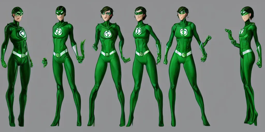 Image similar to full body exaggerated outfit, female green lantern character clean concepts by senior concept artist in the anime film, suit, powers, glowing, stronge, smooth, high detail, featured on artstation