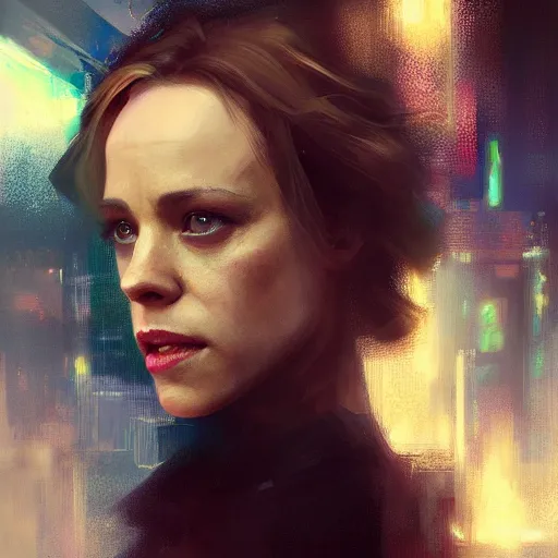 Image similar to rachel mcadams, hyperrealistic portrait, bladerunner street, art of elysium by jeremy mann and alphonse mucha, fantasy art, photo realistic, dynamic lighting, artstation, poster, volumetric lighting, very detailed face, 4 k, award winning