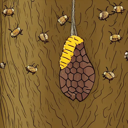 Prompt: vector illustration of a beehive hanging from a tree, with little bees coming out of it, 4 k, sharp details