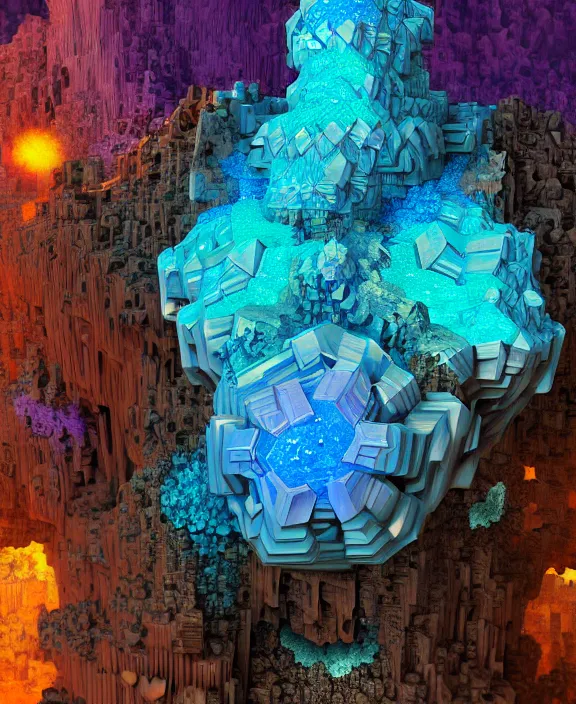 Image similar to giant fractal bismuth golem consists of bismuth geodes, fractalization, extremely high details, masterpiece, photorealistic, hyperrealism, vray, octane render, volumetric lighting, depth of field, bokeh, artstation, cgsociety by johannen voss, michael whelan, greg broadmore, frank frazetta