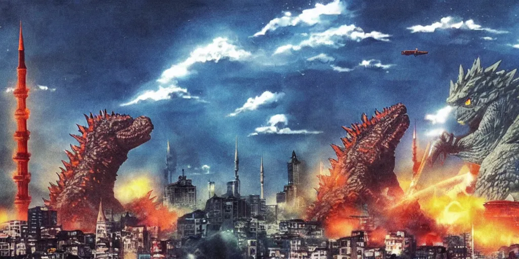 Image similar to godzilla is attacking istanbul, studio ghibli, dark sky, anime background