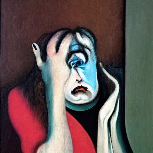 Image similar to sadness personified, a character study by francis bacon, oil on canvas, german expressionism