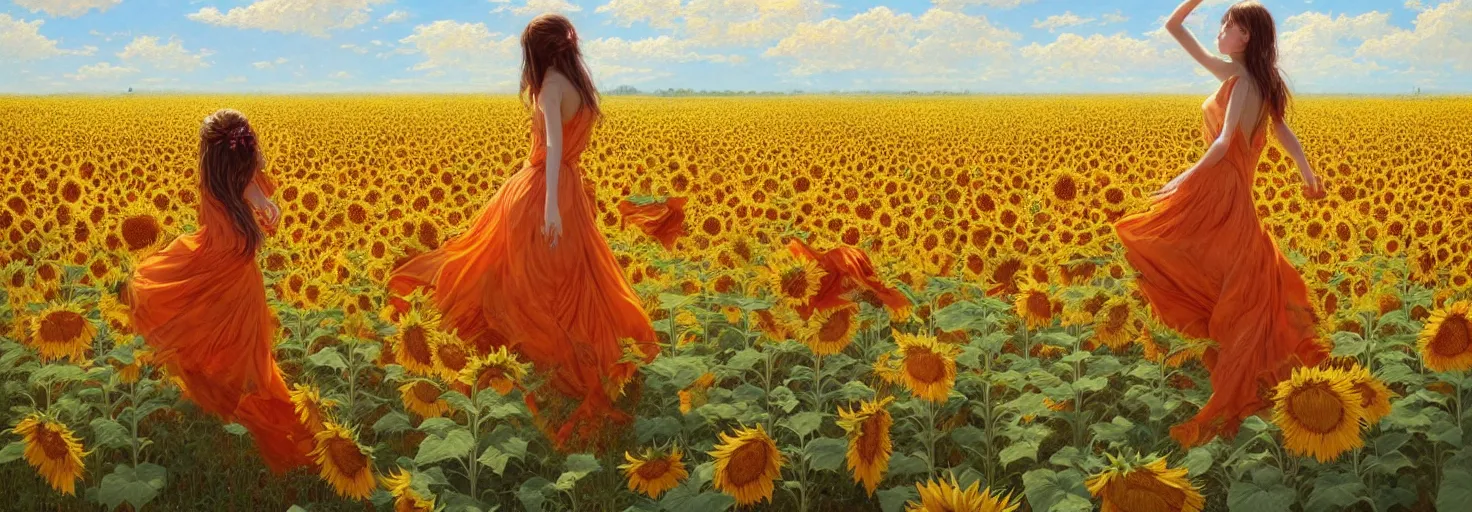 Prompt: beautiful young girl dancing in a fiery dress in a beautiful field of sunflowers and lilies, high detail, very realistic, by greg rutkowski, by james gurney ultra clear detailed, digital painting by ( ( makoto shinkai ) ), moebius moebius, surrealism, trending on artstation