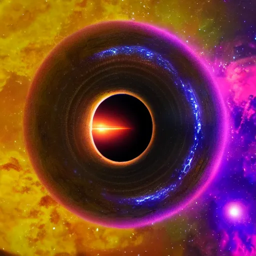 Image similar to glowing glorious 3D black hole in movie, intergalactic, space theme, galaxy colored, hyperdetailed, digital painting, trending on Artstation, cel-shading style, CG society, hyperdetailed, digital painting, hypermaximalist, golden ratio, volumetric, octane render, weta digital, micro details, 3d sculpture