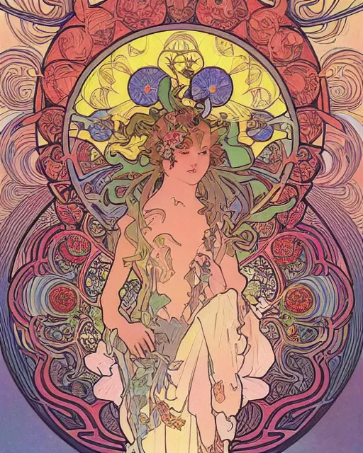 Prompt: psychedelic exotic flowers on a mysterious planet by Alphonse Mucha, Moebius, hiroshi yoshida, Art Nouveau, colorful, ultradetailed, vivid colour, 3d