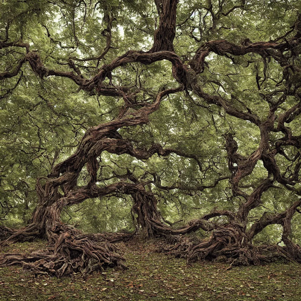 Prompt: withering sofa - couch made from gnarly thick branches, dying, dark leaves, ent treant dryad, in a redwood forest, oak, thick : : dark dying leaves : : realistic, highly detailed matte painting