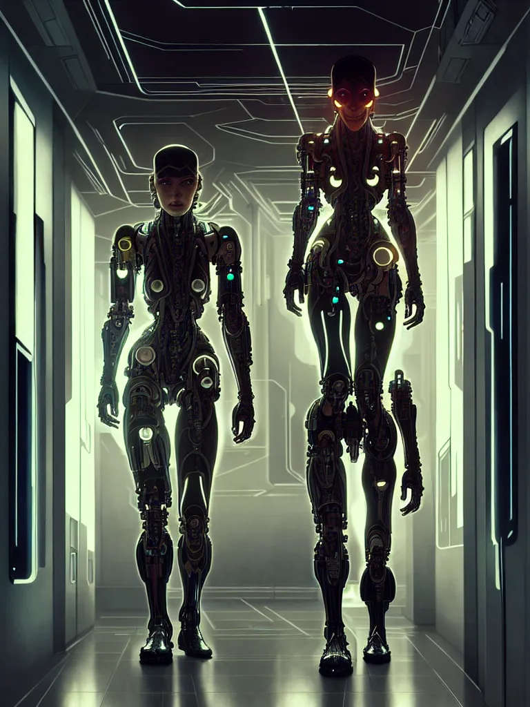 Prompt: ultra realistic, beautiful female cyborg walking down a hallway, in a space metropolis, sci-fi, intricate details, eerie, highly detailed, octane render, 8k, art by artgerm and alphonse mucha and moebius