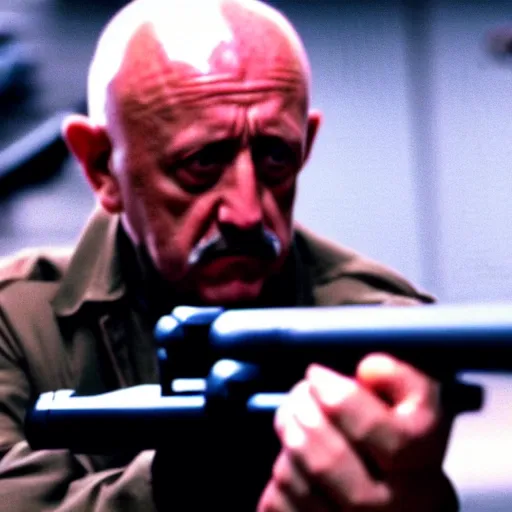 Prompt: Film still of Mike Ehrmantraut aiming with a sniper rifle, 4k, highly detailed