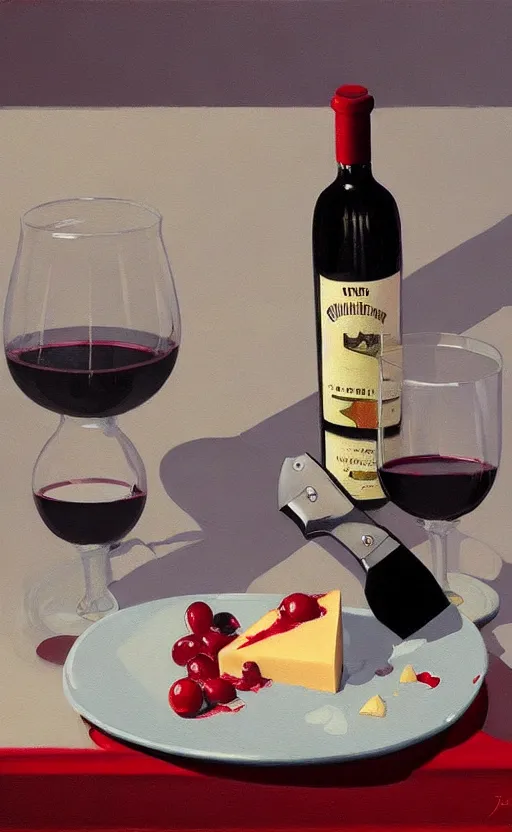 Prompt: beautiful still life featuring A knife tillamook cheese, and red wine, very coherent, painted by Edward Hopper, painted by James Gilleard, airbrush, art by JamesJean