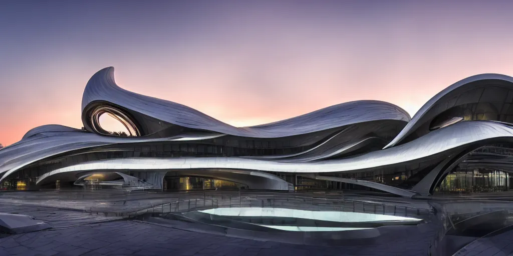 Image similar to extremely elegant smooth detailed stunning sophisticated beautiful elegant futuristic museum exterior by Zaha Hadid, Milan buildings in the background, smooth curvilinear design, stunning volumetric light, stainless steal, concrete, translucent material, beautiful sunset, tail lights