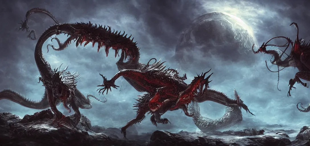 Prompt: concept art of dragon attack, lovecraftian, lots of teeth, melting horror, feathers, round moon, rich clouds, fighting the horrors of the unknown with laser guns, high resolution, detailed