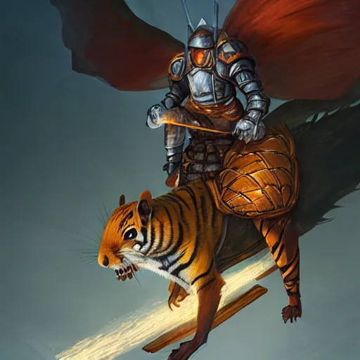 Image similar to Squirrel knight riding tiger, magic the gathering artwork, D&D, fantasy, cinematic lighting, centered, symmetrical, highly detailed, digital painting, artstation, concept art, smooth, sharp focus, illustration, volumetric lighting, epic Composition, 8k, art by Akihiko Yoshida and Greg Rutkowski and Craig Mullins, oil painting, cgsociety