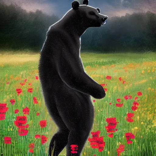 Image similar to girl riding a giant black bear in a field of flowers, trending on artstation