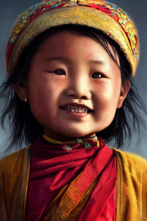 Image similar to Tibetan little girl, joyful, close-up portrait, intricate, elegant, volumetric lighting, scenery, digital painting, highly detailed, artstation, sharp focus, illustration, concept art, ruan jia, steve mccurry